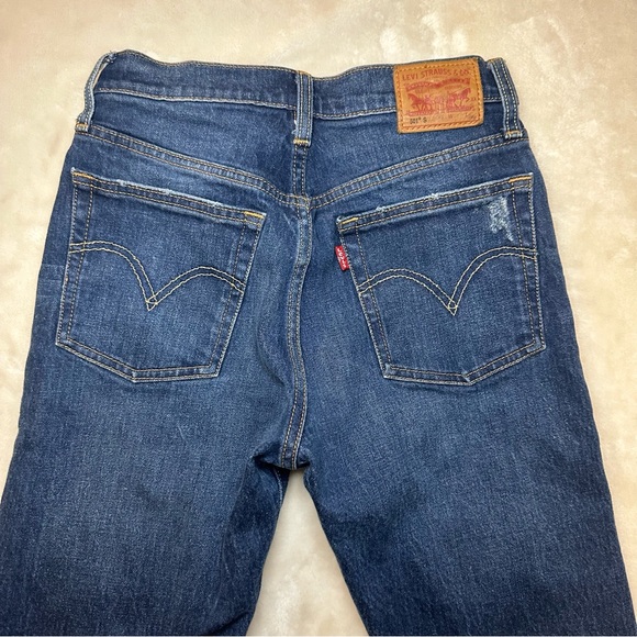 Levi's 501 Original Fit High Waist Distressed Raw Hem Dark Denim Jeans Size 25 - Picture 7 of 16